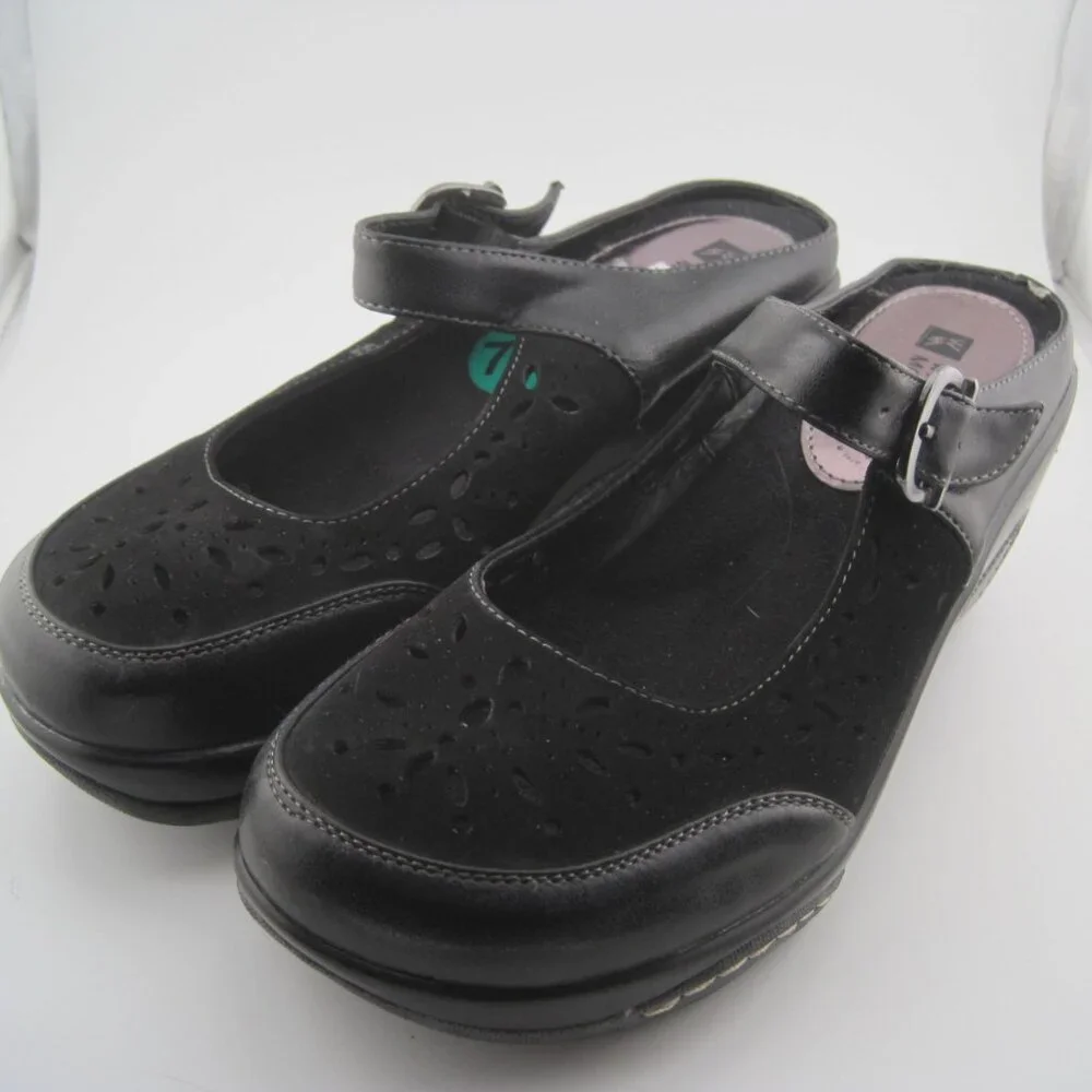 Women's White Mountain Gilding Black Peep-Toe Leather Clog size 7.5 Mary Jane - Picture 1 of 10